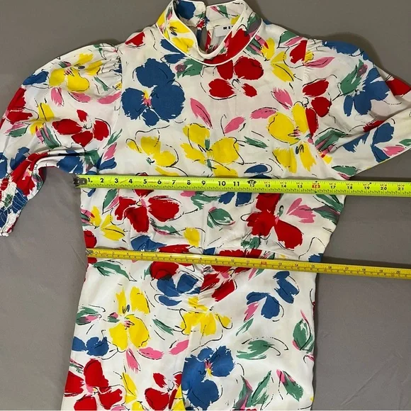 Rixo white Floral multicolored Mock Neck Cascade Ruffle Dress short sleeves sz 6 - Picture 14 of 16